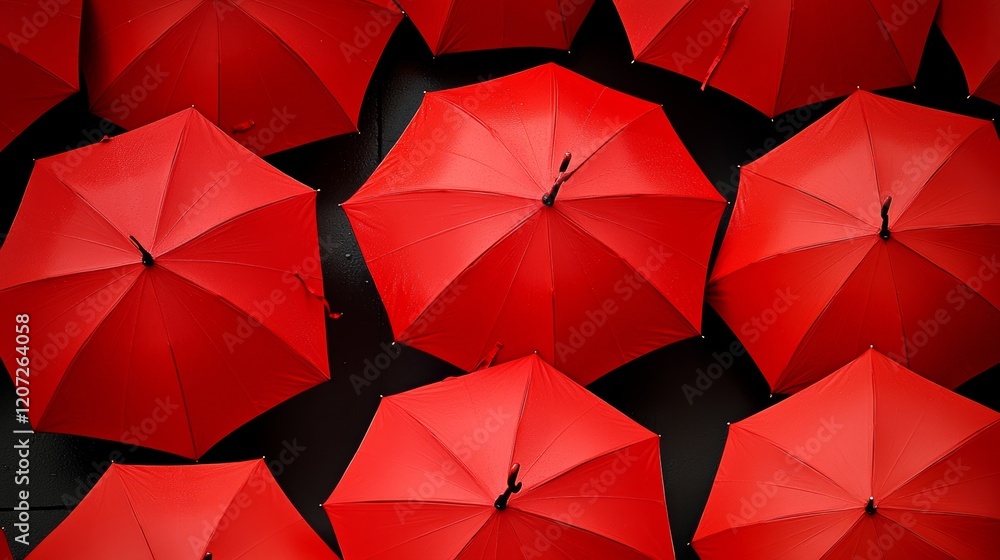 Poster row of red umbrellas are lined up in a row. the umbrellas are all the same color and are open. the u