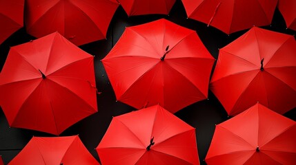 Row of red umbrellas are lined up in a row. The umbrellas are all the same color and are open. The umbrellas are arranged in a way that they are all facing the same direction