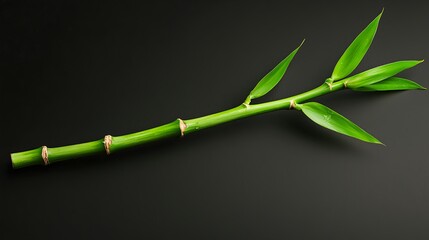 Green Bamboo Stick With Leaves Isolated on Dark Background