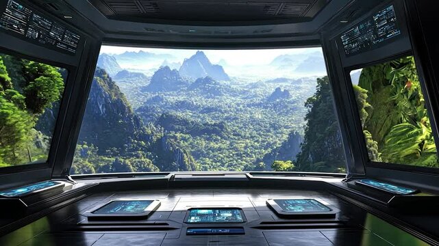 Spaceship Bridge with Lush Tropical Mountain View