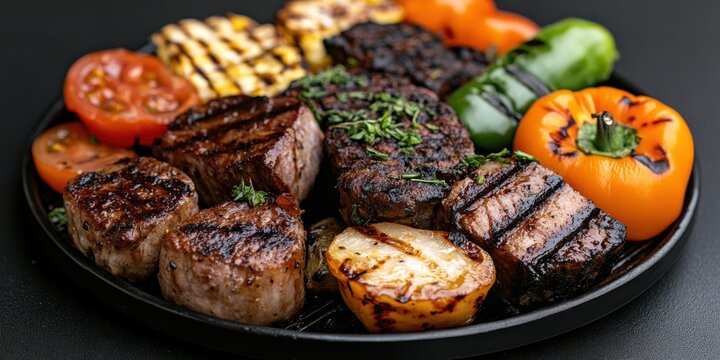 A generous spread of juicy grilled meats with a medley of colorful vegetables, artfully arranged to offer a delightful culinary experience.
