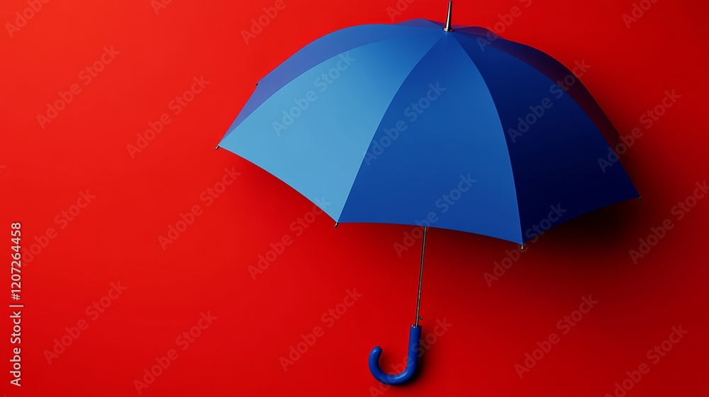 Poster blue umbrella is on a red background. the umbrella is open and the handle is pointing up