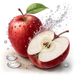 Red sliced apple with water splash  isolated on white background 