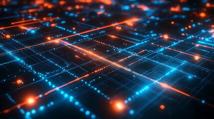 Obraz premium A digital grid pattern with glowing blue and orange lines and nodes represents technology or connectivity.