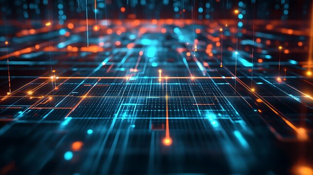 A digital grid pattern with glowing blue and orange lines and nodes represents technology or connectivity.