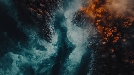Obraz premium Aerial View of Ocean Waves and Fiery Sunset Reflection on Water