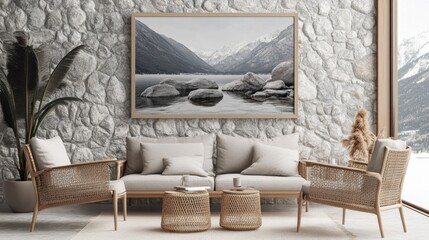 Modern Living Room with Stone Wall and Scenic Artwork Decor