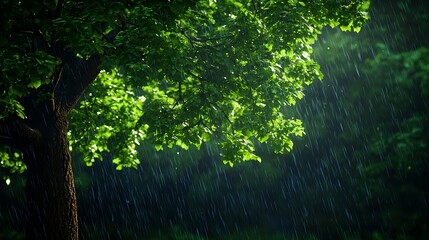 Fototapeta premium Illuminated Green Tree with Raindrops on Leaves in Nature Scene