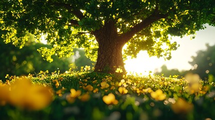 Fototapeta premium Bright Sunlight Filtering Through Leaves of a Majestic Tree