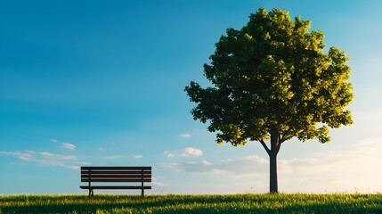 Naklejka premium Tranquil Park Scene with Bench and Lush Green Tree Under Blue Sky