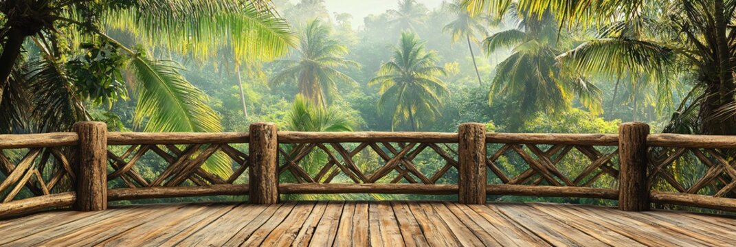 Tropical Balcony View Lush Jungle Palm Trees Misty Morning Paradise