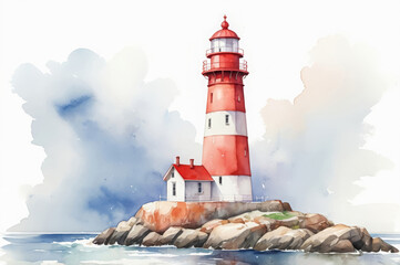 Watercolor landscape with a red and white lighthouse on the rocks