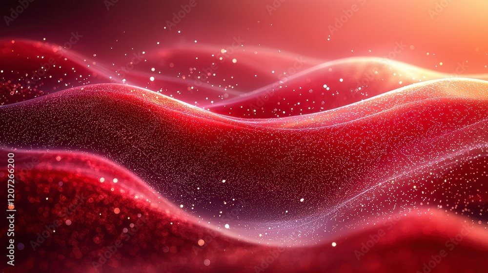 Poster abstract red wave background with glowing particles.