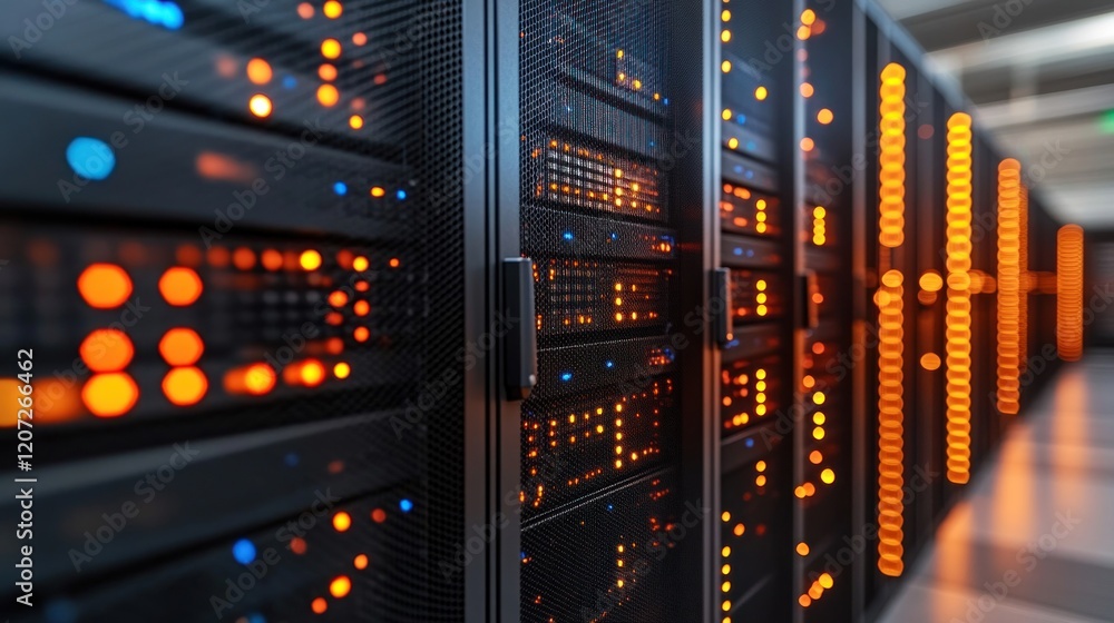 Poster illuminated server racks in a modern data center.