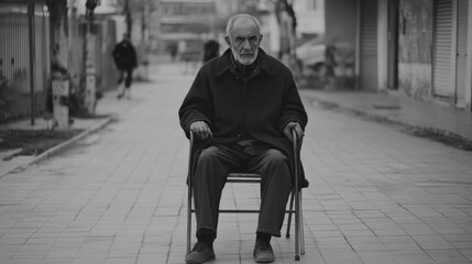 Obraz premium Elderly man sits in chair outdoors on city street.