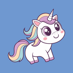 Vector illustration of a smiling unicorn on a simple plain background.