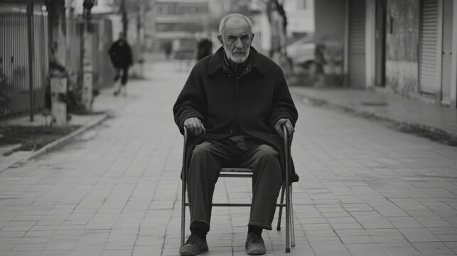 Elderly man sits in chair outdoors on city street.