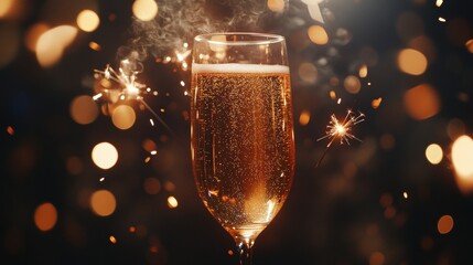 Sparkling Beverage in Flute Glass with Bokeh and Sparklers Glow