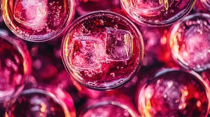 Vibrant Bubbles in Refreshing Pink Drinks with Ice Cubes