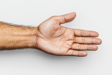 Male hand gesturing sliding up or touching screen. Isolated