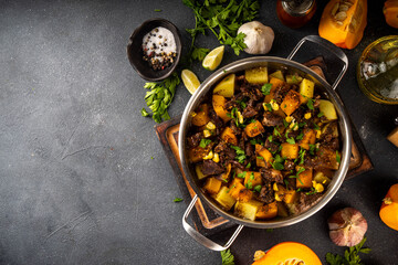 Pumpkin stew with potato and beef meat