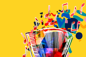 Musical notes on colorful backdrop. Colorful accordion design poster	
