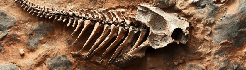 Obraz premium Detailed view of an ancient fossilized skeleton in stone.