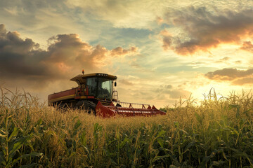 Fototapeta premium Golden sunset over corn field with combine harvester at work creating a stunning rustic landscape