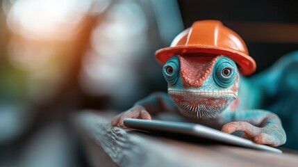 A captivating chameleon wearing a construction hat rests on a log with a smartphone, merging the charm of wildlife with a modern twist in an extraordinary visual narrative.