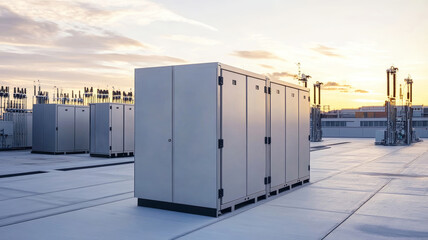 Sleek modern substation with high voltage equipment at sunset in an energy storage park