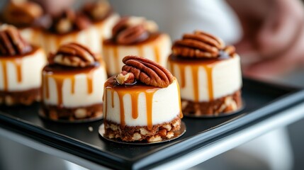 These artistic mini cheesecakes are adorned with pecans and caramel, inviting all dessert enthusiasts to indulge in this exquisite, visually pleasing treat at any gathering.