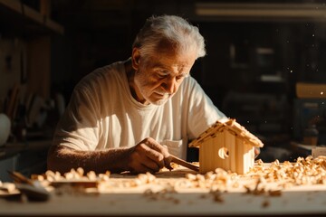 commercial photography for advertising campaign elderly man crafting wooden birdhouse in his garage workshop detailed