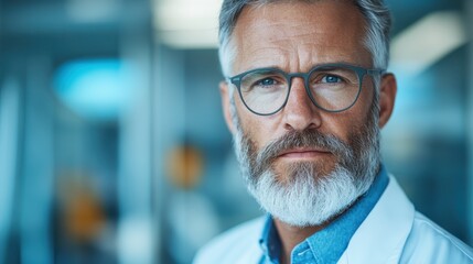 This serious scientist with a distinguished appearance symbolizes dedication and intellect, standing confidently in a modern laboratory filled with various scientific apparatus.
