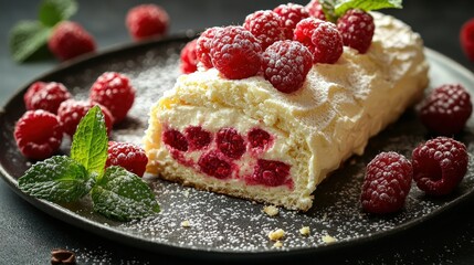 Delicious Raspberry Swiss Roll with Powdered Sugar and Fresh Mint