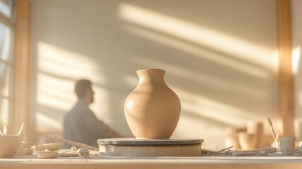commercial photography for advertising campaign minimalist pottery studio featuring freshly thrown clay vase on spinning