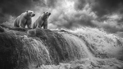 Fototapeta premium Two Polar Bears on Rocky Outcrop by Dramatic Waterfall