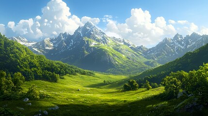 Obraz premium Majestic Mountain Landscape Under Clear Blue Sky and Green Valley