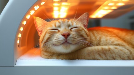 Peaceful Orange Cat Relaxing Under Warm Light Therapy