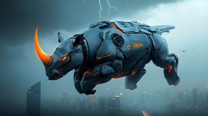 Robotic rhino leaps city, storm backdrop; futuristic concept art