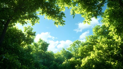 Fototapeta premium Lush Green Forest Canopy Under Bright Blue Sky with Fluffy Clouds