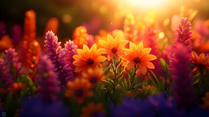 Vibrant Field of Colorful Flowers in Golden Sunset Light