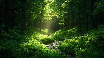 Obraz premium Sunlight Beams through Lush Foliage in Serene Forest Landscape