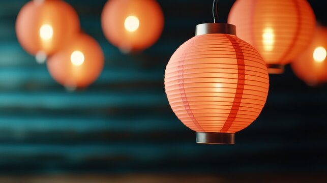 Illuminated Peach Paper Lanterns Hanging Decor Festive Asian Lighting Warm Glow