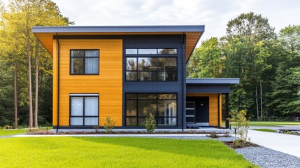 Obraz premium A striking modern house stands bold with its yellow and black facade, blending elegance and creativity against a vibrant backdrop of nature.