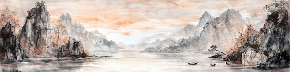 Majestic Song Dynasty Landscape: Timeless Chinese Watercolor Art Reimagined. Abstract High-End 8K Marketing Background for Creative Advertising. Vintage Aesthetic Meets Modern Design. Premium Poster a