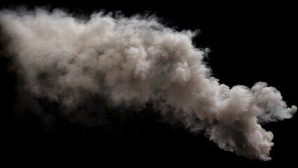 Dense and Large Plume of billowing Smoke with lots of turbulances and varying shades of gray and white spreading out on a Black Background