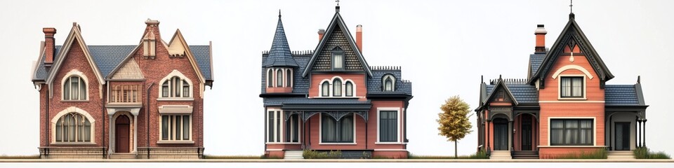 A row of three distinct architectural styles of Gothic Revival houses, showcasing intricate designs and details. The first house features a Victorian style with brick and pointed roofs.