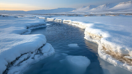 Obraz premium Photography capturing a barren Arctic landscape, with melting glaciers and pools of water where ice once stood, symbolizing global warming.