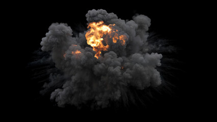 End of Ground Explosion with middle Blast and Shockwave with dense billowing Smoke and few Trails of tiny debris on a Black Background