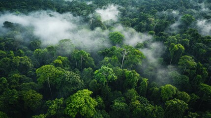 Aerial view of a lush green forest canopy with a layer of fog or mist creating a serene natural landscape